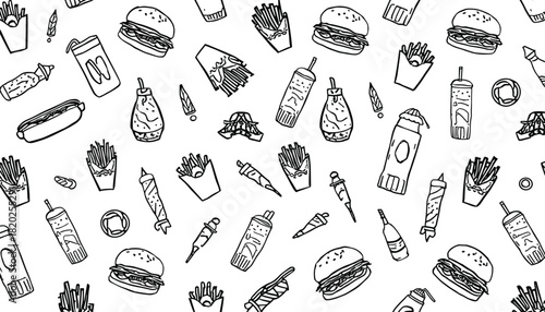 Black and white doodle pattern of fast food items including burgers hot dogs french fries and drinks