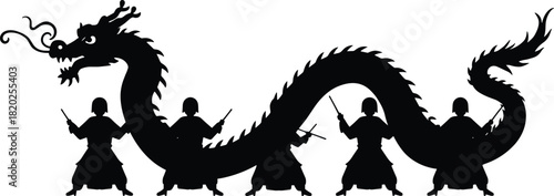 Black silhouette of a dragon with people holding sticks in a parade white