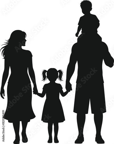 Black silhouette of a family with a boy on shoulders walking together white background