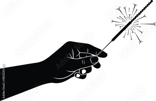 Black silhouette of a hand holding a lit sparkler with radiating sparks firework