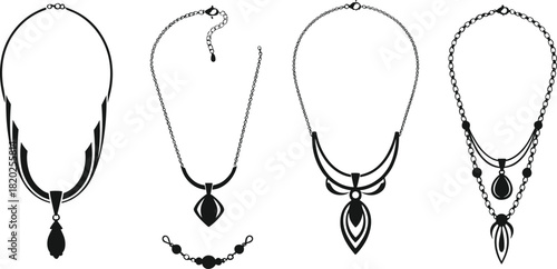 Collection of four black silhouette necklaces with pendants and one beaded chain