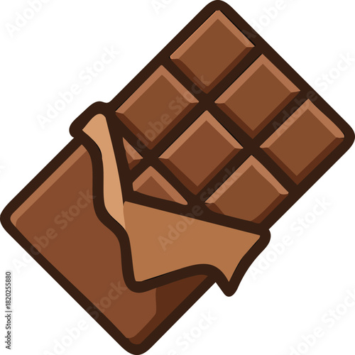 Delicious cartoon illustration of a partially unwrapped milk chocolate bar with defined squares, perfect for sweet treat designs