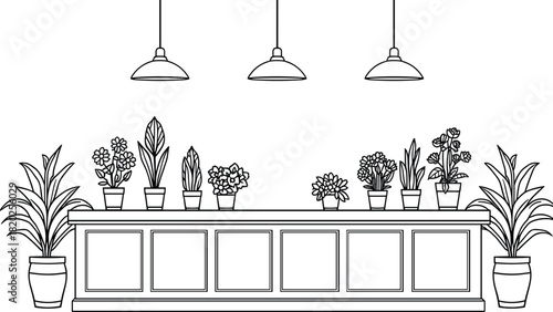 Line art illustration of potted plants on a counter with hanging pendant lights table