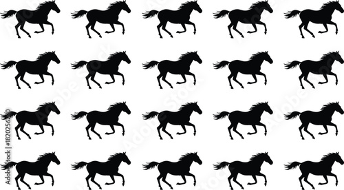 Seamless pattern of black horse silhouettes running across a white background vector
