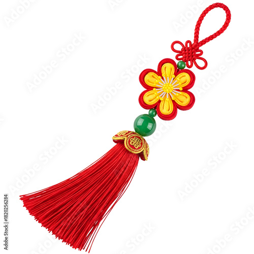 Exquisite Chinese knot tassel with flower, lucky charm for Lunar New Year celebrations, bringing prosperity and good fortune, vibrant festive decoration