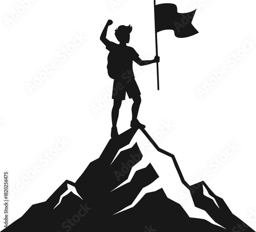 Silhouette of a person with a backpack raising a flag on a mountain peak woman child