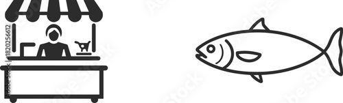 Simple line art icons of a market stall with vendor and a fish shop