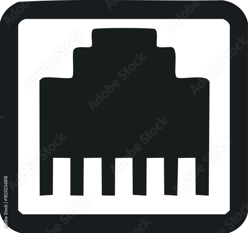 Black and white icon representing an ethernet network port connector, , symbolizing internet connection and data transfer