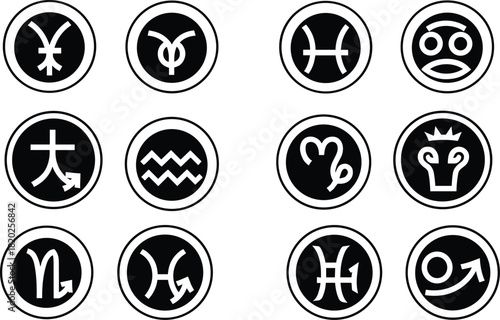 Twelve circular black and white icons representing zodiac signs and astrological symbols