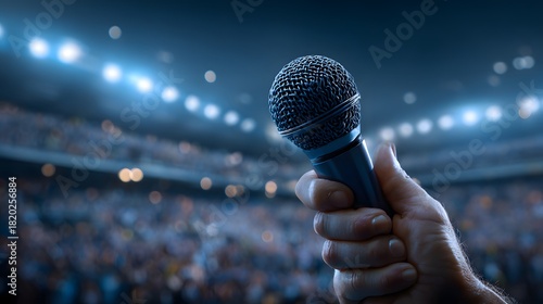 Hand holding a dynamic microphone aloft before a large, illuminated audience in a stadium setting