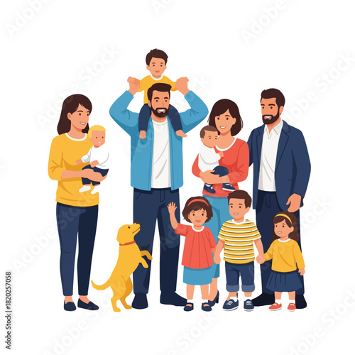 A joyful multi-generational family with a pet dog, celebrating togetherness and love in a heartwarming illustration