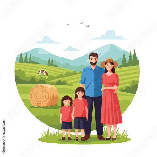 Happy family on a farm with hay bale and cow in a picturesque rural landscape