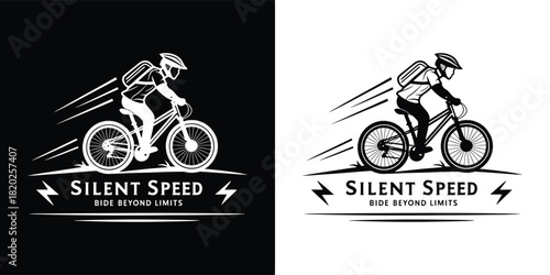 Black and white graphic illustration of a person riding an electric bicycle with silent speed text and lightning bolts, symbolizing active and ecofriendly mobility