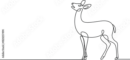 Black continuous line drawing of a deer looking up