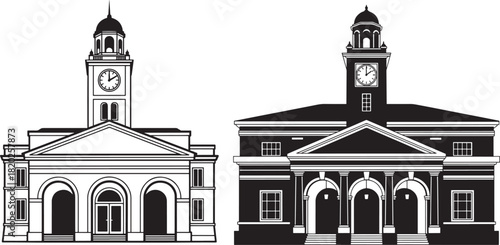 Two historical building silhouettes with clock towers silhouette