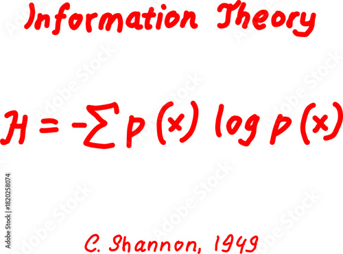 Handwritten information theory graphic featuring Shannon’s entropy formula H = –Σ p(x) log p(x), perfect for data science, math education, and technical illustrations.
