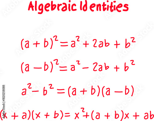 Handwritten algebraic identities chart featuring formulas for expansions and factorization, ideal for math education, study guides, classrooms, and tutoring materials.