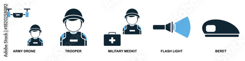 Set Military Icon Vector Ideal for applications, games, or graphic design projects related to armed forces, defense, conflict, and specialized equipment.