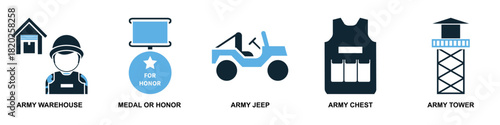 Set Military Icon Vector Ideal for applications, games, or graphic design projects related to armed forces, defense, conflict, and specialized equipment.