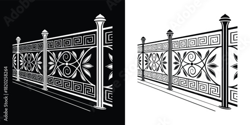 Ornate wrought iron fence with greek key pattern