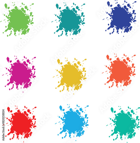 colorful ink splashes. Color paint splatter. Spray paint blot element.  Colorful stain and splash, splat messy, inkblot splashing illustration