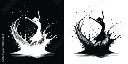 Silhouette of a dancer splashing water, dynamic movement