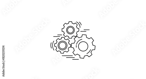 Line art illustration of three rotating gears with speed lines, representing mechanical processes, teamwork, and technological advancement.