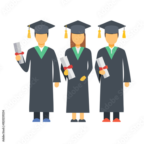 graduate students in graduation gowns holding diplomas