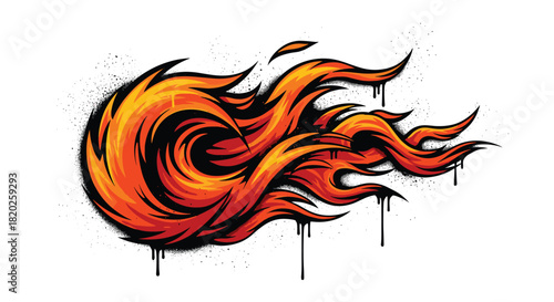 Dynamic graffiti-style fire flames illustration with dark outlines and paint drips, vibrant orange and red colors.