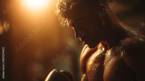 Muscular athlete rests momentarily while covered in sweat after intense physical training