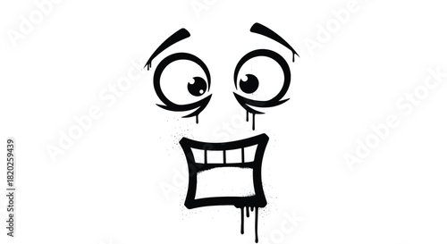 An expressive cartoon face with wide, fearful eyes and an open mouth, depicted in a distressed graffiti style with black paint drips.