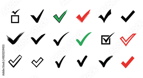 A diverse collection of checkmark icons in various styles, including black, green, and red, symbolizing approval, completion, and success.