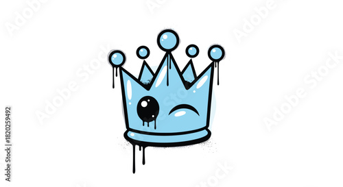 A playful light blue cartoon crown featuring a winking face and cool graffiti-style paint drips, blending royal and urban aesthetics.