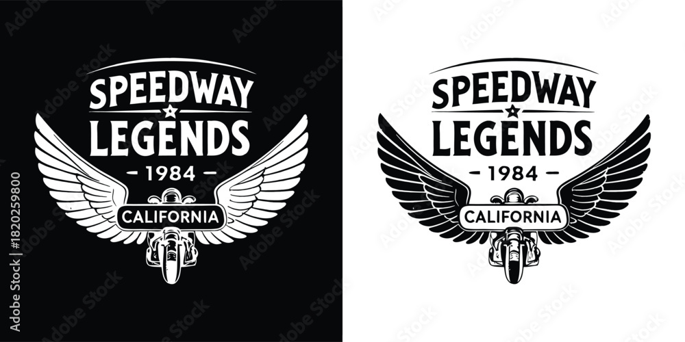 Obraz premium Retro speedway legends 1984 california emblem with wings and motorcycle graphic, presented in black and white