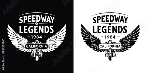 Retro speedway legends 1984 california emblem with wings and motorcycle graphic, presented in black and white