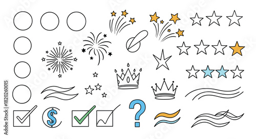 Assortment of vector icons with rating stars, festive fireworks, majestic crowns, useful checkboxes, wavy lines, and a question mark.