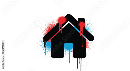 Black house silhouette, resembling a home icon, splattered with red and blue paint in a gritty, street art style on a clean white background.