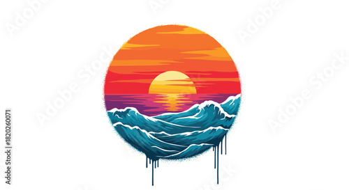 Vibrant retro pixel art sunset over rough ocean waves, featuring a radiant sun, colorful sky, and unique paint drip detailing.