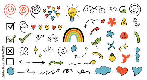 Playful collection of hand-drawn doodle elements including arrows, hearts, stars, and various symbols.