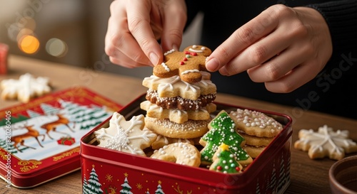 Hands stacking Christmas cookies in a festive red tin on a wooden table with holiday treats.