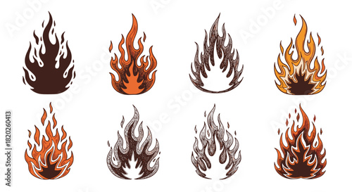 Illustrated set of diverse fire flame designs and burning effects in various hand-drawn styles and warm color palettes.