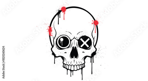 An abstract illustration of a stylized skull with dripping paint and striking circular red marks above its cranium.