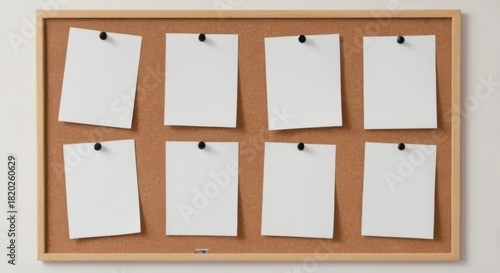 Cork bulletin board with blank white notes pinned in grid pattern against white wall, wooden frame.