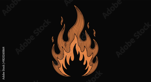 Dynamic and stylized hand-drawn orange flame icon, detailed with internal lines, contrasting sharply against a dark, minimalist black background.
