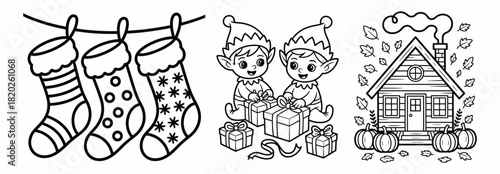 Christmas coloring page with stockings elves and a cozy cabin