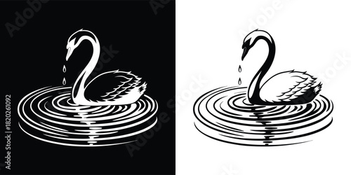 Elegant swan swimming in rippling water, creating concentric circles, black and white illustration