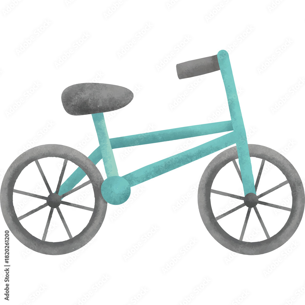 Fototapeta premium Turquoise blue children's bicycle with gray wheels and seat on a transparent background side view detailed watercolor illustration