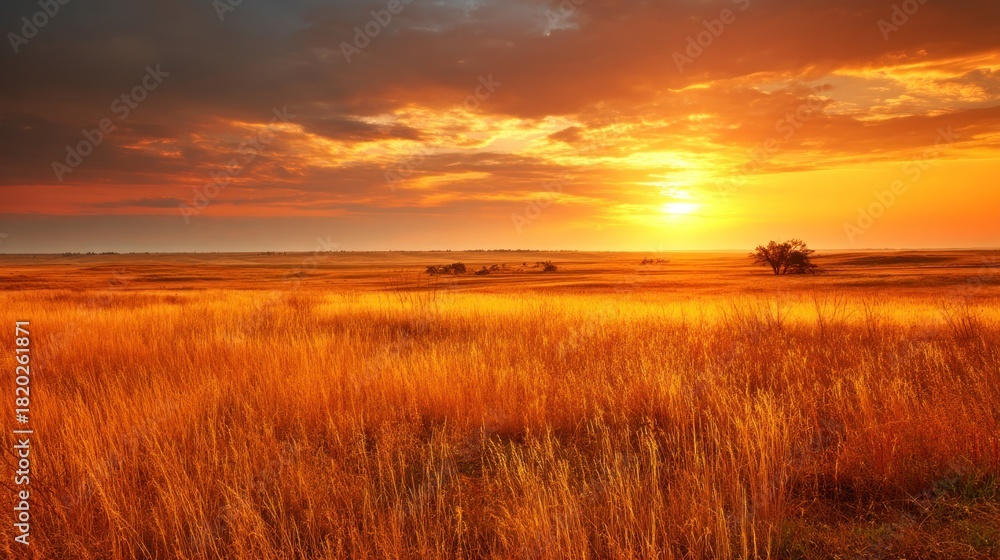 Obraz premium A golden sunset over a vast, open field with a lone tree, golden grasses, and a cloudy sky.
