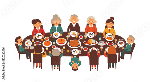 Joyful multi-generational family gathering for a festive dinner around a large table, celebrating togetherness with delicious food and heartwarming conversations in a cozy home setting