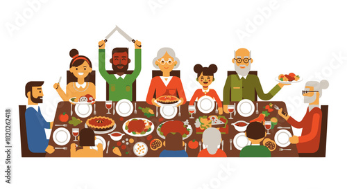 A diverse family gathers around a table laden with a festive feast, celebrating togetherness and abundance during a meal